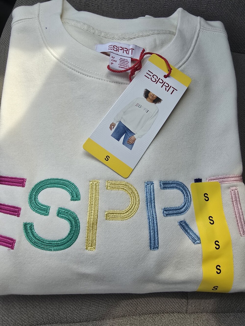Esprit Cream Sweatshirt Crewneck with Multicolor Embroidered Logo NWT - Picture 3 of 3